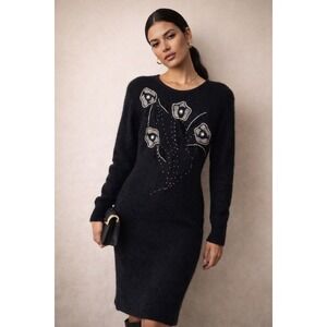 Vintage Nilani Angora‎ Blend Sweater Dress Black Beaded Floral 90s Glam Midi